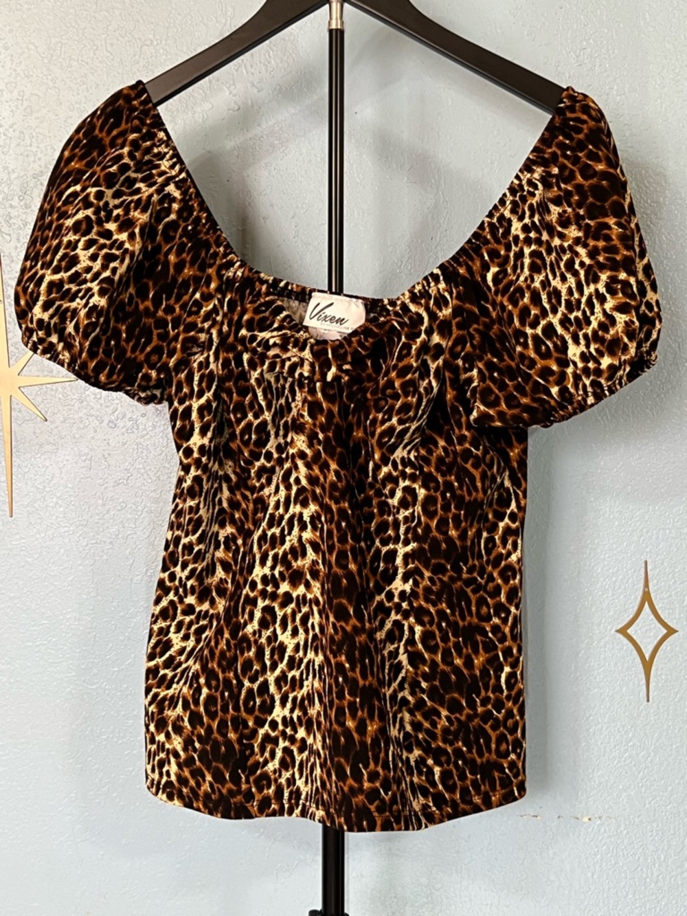 Vixen by Micheline Pitt Leopard-Print Puff Sleeve Top in Brown and Gold